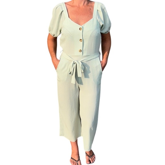 Monteau Anthropologie | Polka Dot Jumpsuit Button Up Bubble Sleeveless Mint G… - Picture 2 of 9